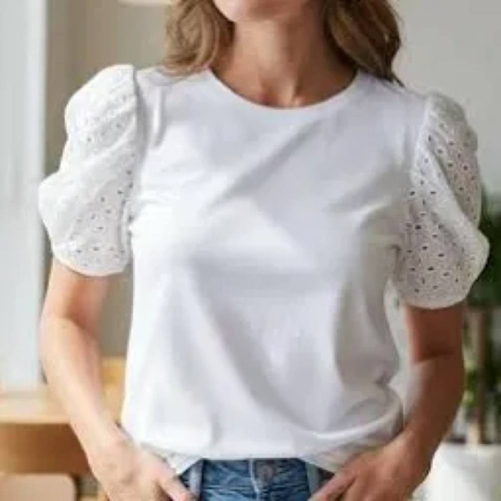 Express White Puff Sleeve Eyelet Tee